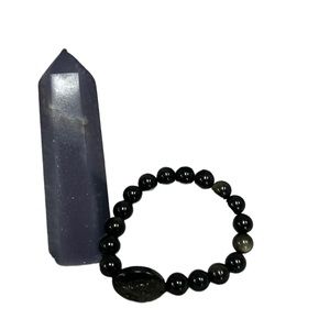 Natural Obsidian Beads & Buddha carved Elastic Bracelet set